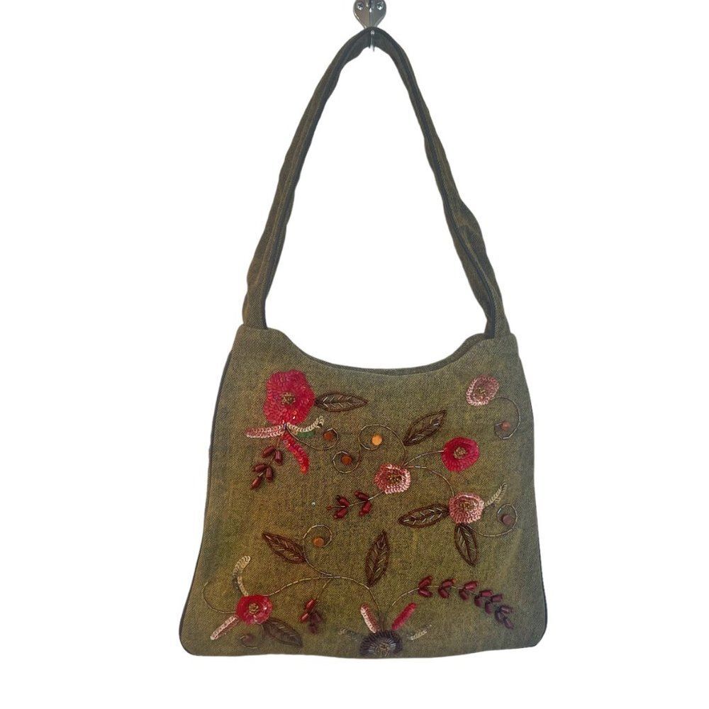 Vintage Shoulder Bag Purse Denim Beaded Floral Sequined Bedazzled